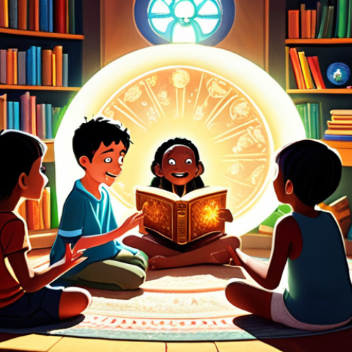 Home 23 **
A group of diverse children sitting in a circle around a storyteller in a vibrant, sunlit library. The storyteller is animated, using expressive hand gestures. Books are overflowing from shelves, and magical elements (glowing orbs, whimsical creatures peeking from behind books) subtly enhance the scene, suggesting the transportive power of stories. Focus on conveying a sense of wonder, excitement for learning, and cross-cultural connection.
**