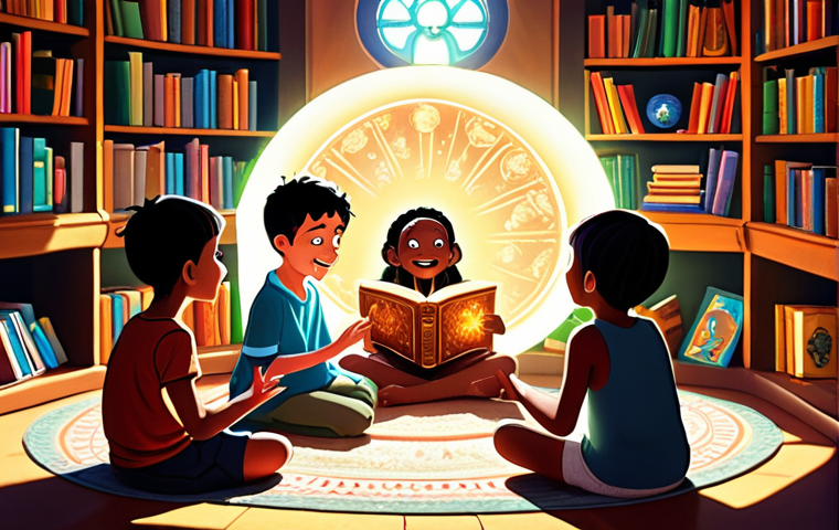 **
A group of diverse children sitting in a circle around a storyteller in a vibrant, sunlit library. The storyteller is animated, using expressive hand gestures. Books are overflowing from shelves, and magical elements (glowing orbs, whimsical creatures peeking from behind books) subtly enhance the scene, suggesting the transportive power of stories. Focus on conveying a sense of wonder, excitement for learning, and cross-cultural connection.
**