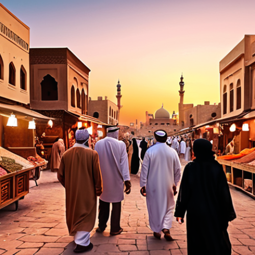 Home 22 **A vibrant marketplace scene in the Middle East at sunset. Rich colors, fragrant spices, and people engaged in lively conversation. Capture the essence of Arabian storytelling.**