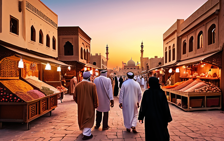**A vibrant marketplace scene in the Middle East at sunset. Rich colors, fragrant spices, and people engaged in lively conversation. Capture the essence of Arabian storytelling.**