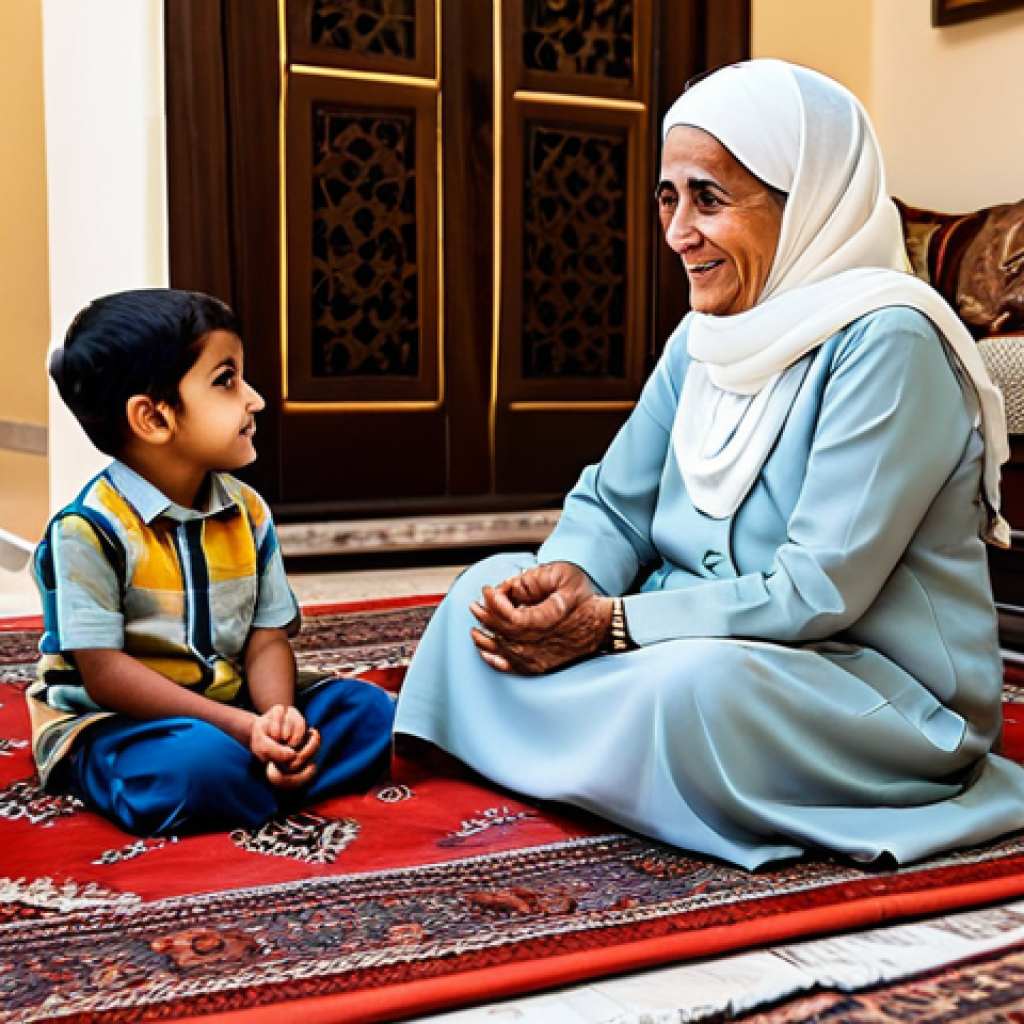 An elderly Arab grandmother, her eyes glowing with warmth, gently telling a story to a child, fully clothed in modest, traditional attire. The child, also fully clothed in appropriate, family-friendly clothing, sits attentively beside her, captivated. The setting is a cozy, warmly lit traditional Arab living room (majlis), adorned with intricate carpets and soft cushions, evoking a sense of heritage and peace. perfect anatomy, correct proportions, natural pose, well-formed hands, proper finger count, natural body proportions, safe for work, appropriate content, fully clothed, modest clothing, family-friendly, professional photography, cinematic lighting, high detail.