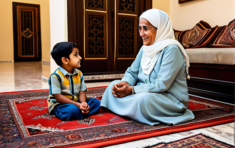 An elderly Arab grandmother, her eyes glowing with warmth, gently telling a story to a child, fully clothed in modest, traditional attire. The child, also fully clothed in appropriate, family-friendly clothing, sits attentively beside her, captivated. The setting is a cozy, warmly lit traditional Arab living room (majlis), adorned with intricate carpets and soft cushions, evoking a sense of heritage and peace. perfect anatomy, correct proportions, natural pose, well-formed hands, proper finger count, natural body proportions, safe for work, appropriate content, fully clothed, modest clothing, family-friendly, professional photography, cinematic lighting, high detail.