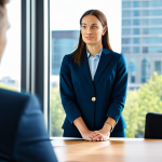A professional female leader, dressed in a modest business suit, stands confidently at the head of a modern, well-lit conference room. Her expression is warm and engaging as she gestures lightly, telling a compelling story to a diverse team of attentive professionals seated around a large polished table. The team members are fully clothed in appropriate business attire, listening intently with expressions of understanding and inspiration. The background features blurred cityscapes visible through large windows, suggesting a corporate environment. The atmosphere is one of trust and shared vision. Perfect anatomy, correct proportions, natural pose, well-formed hands, proper finger count, natural body proportions. Professional photography, high quality, safe for work, appropriate content, fully clothed, professional, family-friendly.