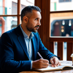 A professional male storyteller, mid-shot, in his late 30s, dressed in a modest professional blazer over a smart casual shirt, fully clothed, appropriate attire. He is sitting at a cafe table with a notebook and pen, looking contemplatively out a window that overlooks a subtly vibrant, bustling souk-like street scene with traditional architecture, capturing everyday details for inspiration. The lighting is soft and inviting. Perfect anatomy, correct proportions, natural pose, well-formed hands, proper finger count, natural body proportions. High-resolution, professional photography, soft ambient lighting, cinematic quality, safe for work, appropriate content, family-friendly, modest.