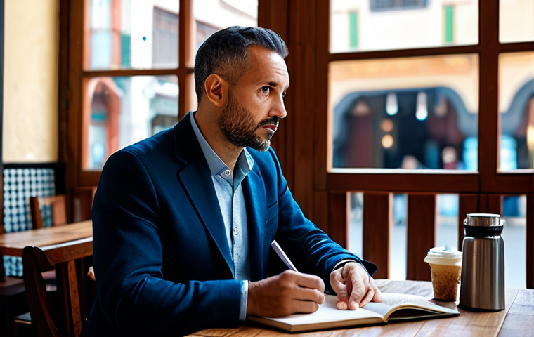 A professional male storyteller, mid-shot, in his late 30s, dressed in a modest professional blazer over a smart casual shirt, fully clothed, appropriate attire. He is sitting at a cafe table with a notebook and pen, looking contemplatively out a window that overlooks a subtly vibrant, bustling souk-like street scene with traditional architecture, capturing everyday details for inspiration. The lighting is soft and inviting. Perfect anatomy, correct proportions, natural pose, well-formed hands, proper finger count, natural body proportions. High-resolution, professional photography, soft ambient lighting, cinematic quality, safe for work, appropriate content, family-friendly, modest.