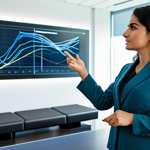 Home 21 A confident Arab businesswoman, fully clothed in a professional, modest pantsuit, stands in a brightly lit, modern corporate boardroom. She gestures towards a holographic display that abstractly depicts data points transforming into a compelling visual story, symbolizing the transformative power of narrative. The atmosphere is innovative and empowering. Perfect anatomy, correct proportions, natural pose, well-formed hands, proper finger count. Professional photography, high quality, sharp focus, natural lighting, safe for work, appropriate content, fully clothed, professional dress.