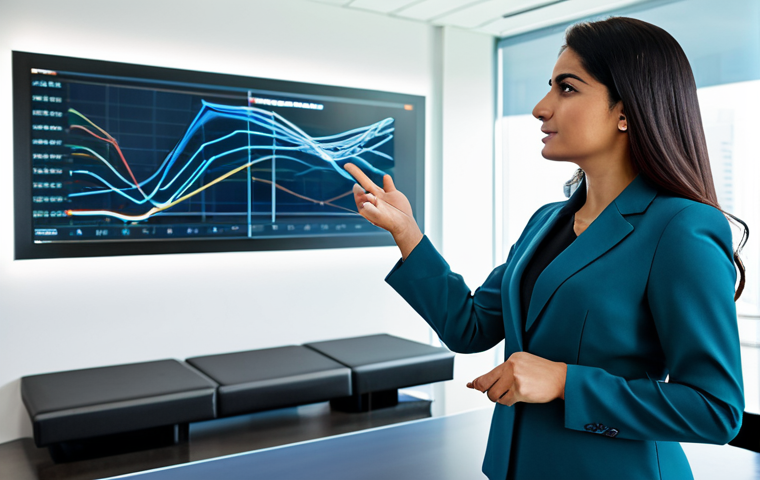 A confident Arab businesswoman, fully clothed in a professional, modest pantsuit, stands in a brightly lit, modern corporate boardroom. She gestures towards a holographic display that abstractly depicts data points transforming into a compelling visual story, symbolizing the transformative power of narrative. The atmosphere is innovative and empowering. Perfect anatomy, correct proportions, natural pose, well-formed hands, proper finger count. Professional photography, high quality, sharp focus, natural lighting, safe for work, appropriate content, fully clothed, professional dress.