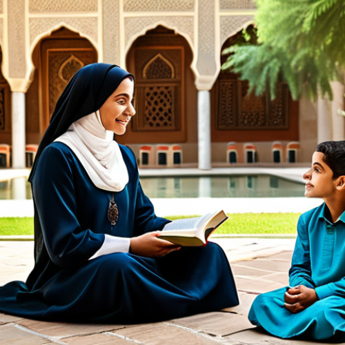 Home 20 **
"A professional female storyteller, fully clothed in modest traditional Arabic dress, animatedly reading from a book to a group of attentive children in a sunlit courtyard. The background includes detailed Arabic architecture and lush greenery. Safe for work, appropriate content, perfect anatomy, natural pose, professional illustration, high quality, family-friendly."
**