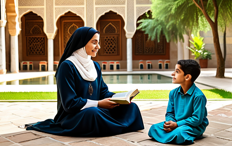 **

"A professional female storyteller, fully clothed in modest traditional Arabic dress, animatedly reading from a book to a group of attentive children in a sunlit courtyard. The background includes detailed Arabic architecture and lush greenery. Safe for work, appropriate content, perfect anatomy, natural pose, professional illustration, high quality, family-friendly."

**