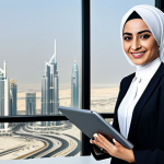 **

"A professional Arab businesswoman in a modern office setting, fully clothed in a modest and stylish business suit, appropriate attire. She is smiling confidently, holding a tablet displaying data. The background shows a cityscape of Dubai. Safe for work, perfect anatomy, correct proportions, natural pose, professional, high-quality."

**