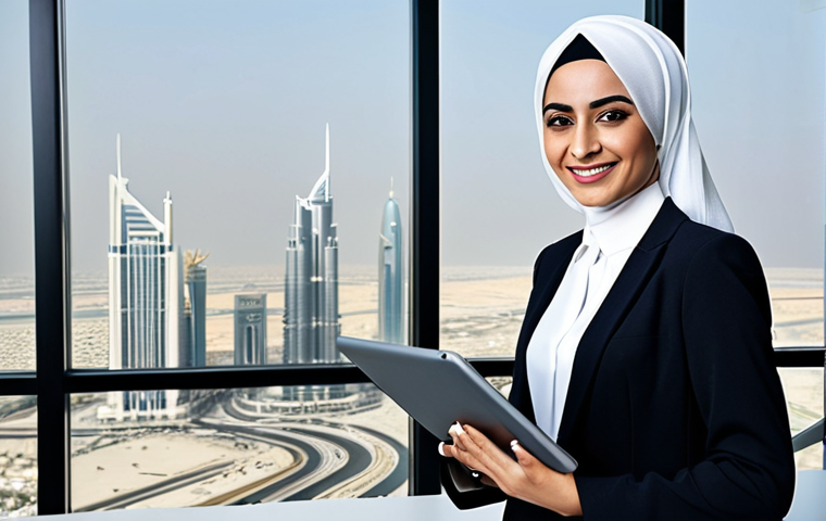 **

"A professional Arab businesswoman in a modern office setting, fully clothed in a modest and stylish business suit, appropriate attire. She is smiling confidently, holding a tablet displaying data. The background shows a cityscape of Dubai. Safe for work, perfect anatomy, correct proportions, natural pose, professional, high-quality."

**