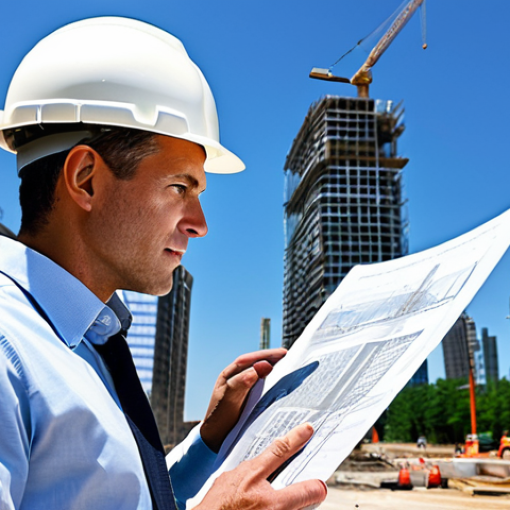 스토리텔러 자격증과 관련된 학술 자료 - **
"A professional architect, fully clothed in modest, modern attire, reviewing blueprints on a sun...