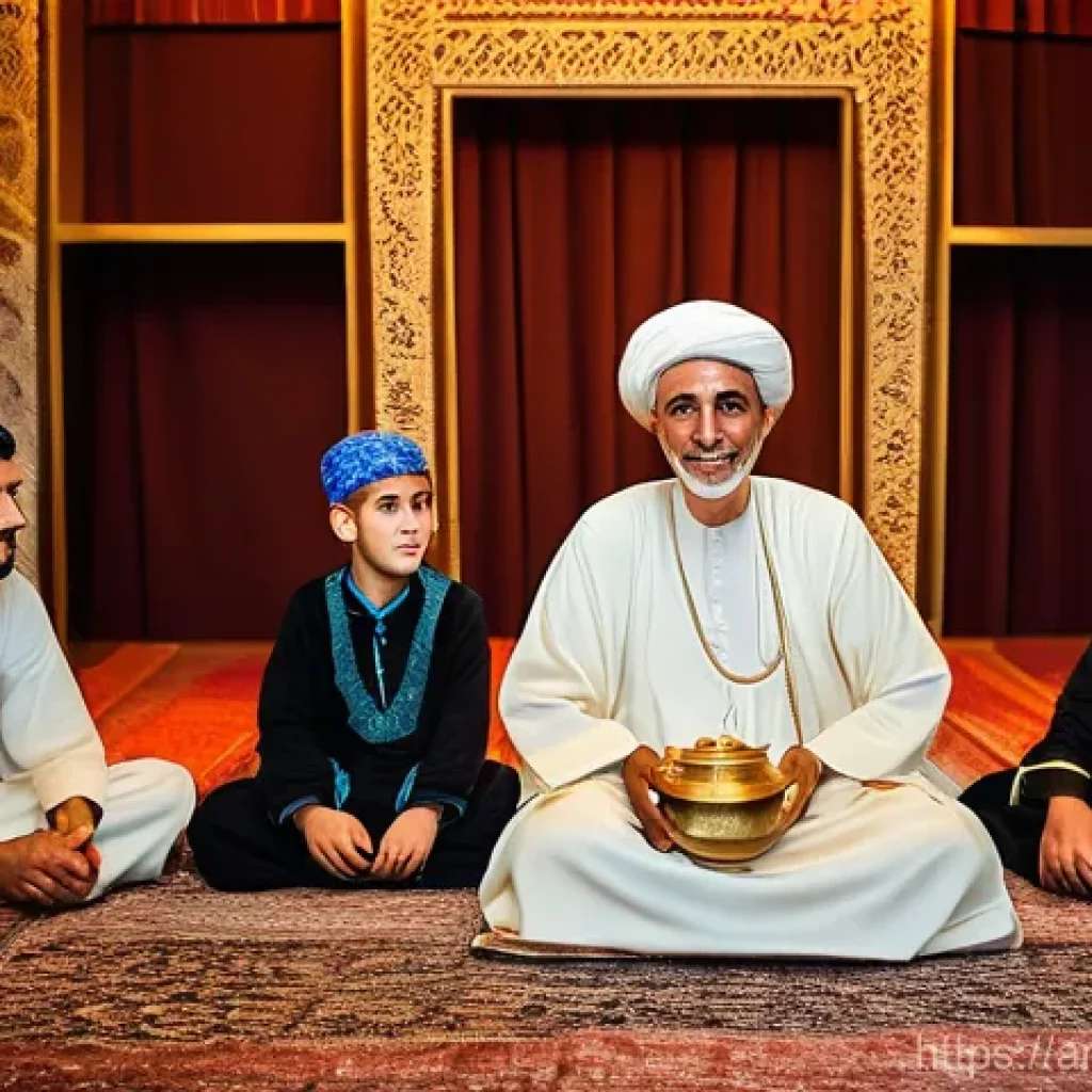 스토리텔러 실기 시험의 주요 평가 요소와 전략 분석과 연구 - **Prompt:** A wise, elderly Arab Hakawati (storyteller) with a kind smile, dressed in traditional fl...