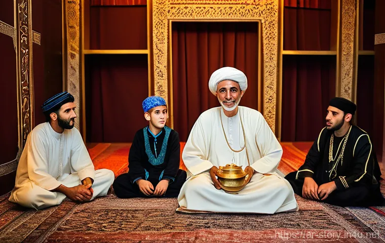 스토리텔러 실기 시험의 주요 평가 요소와 전략 분석과 연구 - **Prompt:** A wise, elderly Arab Hakawati (storyteller) with a kind smile, dressed in traditional fl...