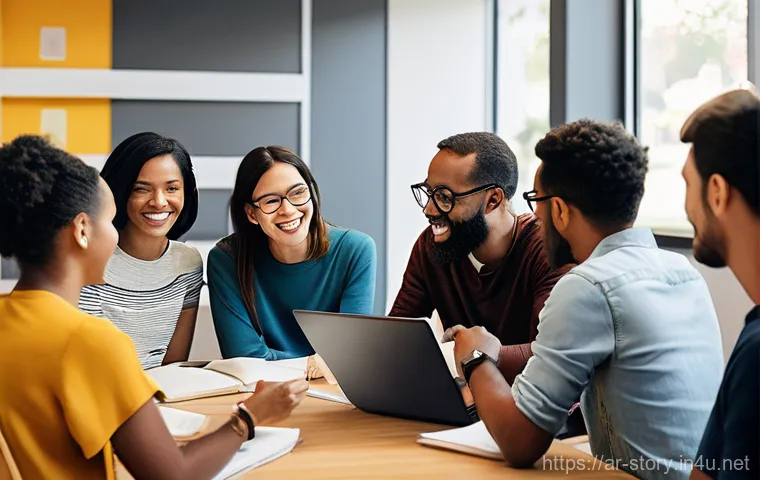 스토리텔러가 되기 위한 커뮤니티 활동 - **Prompt:** "A diverse group of creative individuals, including young adults and older professionals...