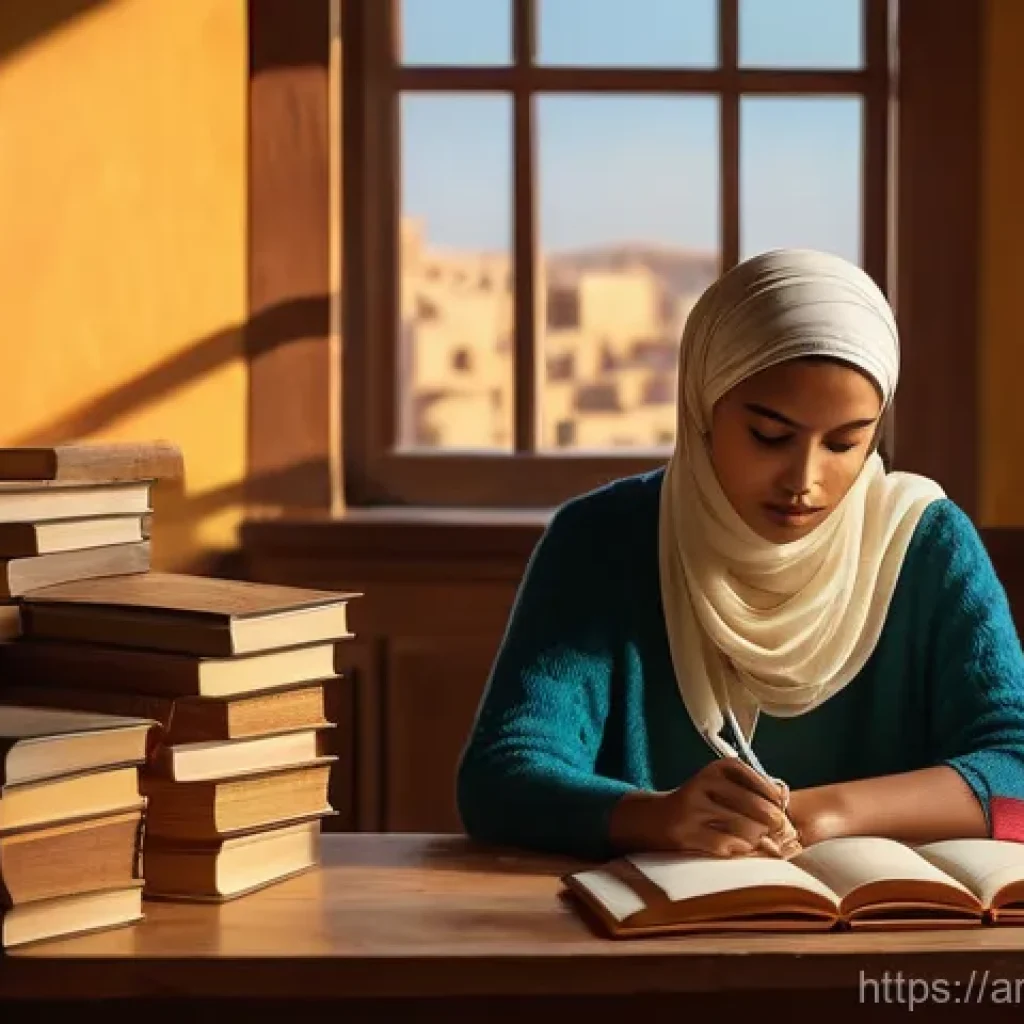 스토리텔러 실무에서의 창의적 문제 해결 사례와 전략 분석과 연구 - A diverse author, dressed in modest, comfortable clothing, sits at a wooden desk filled with open no...