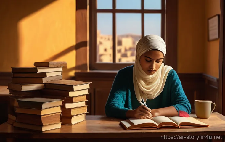 스토리텔러 실무에서의 창의적 문제 해결 사례와 전략 분석과 연구 - A diverse author, dressed in modest, comfortable clothing, sits at a wooden desk filled with open no...