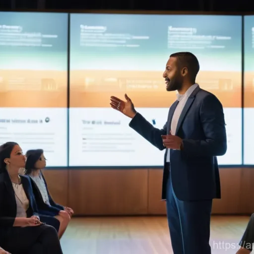 스토리텔러 직무 전환을 고려할 때 - **Prompt:** A dynamic, inspiring scene featuring a charismatic storyteller, gender-neutral, in their...