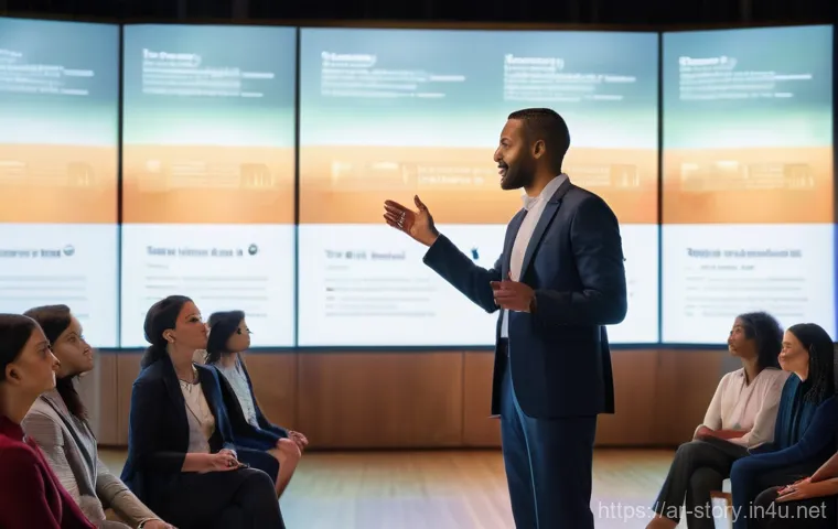 스토리텔러 직무 전환을 고려할 때 - **Prompt:** A dynamic, inspiring scene featuring a charismatic storyteller, gender-neutral, in their...