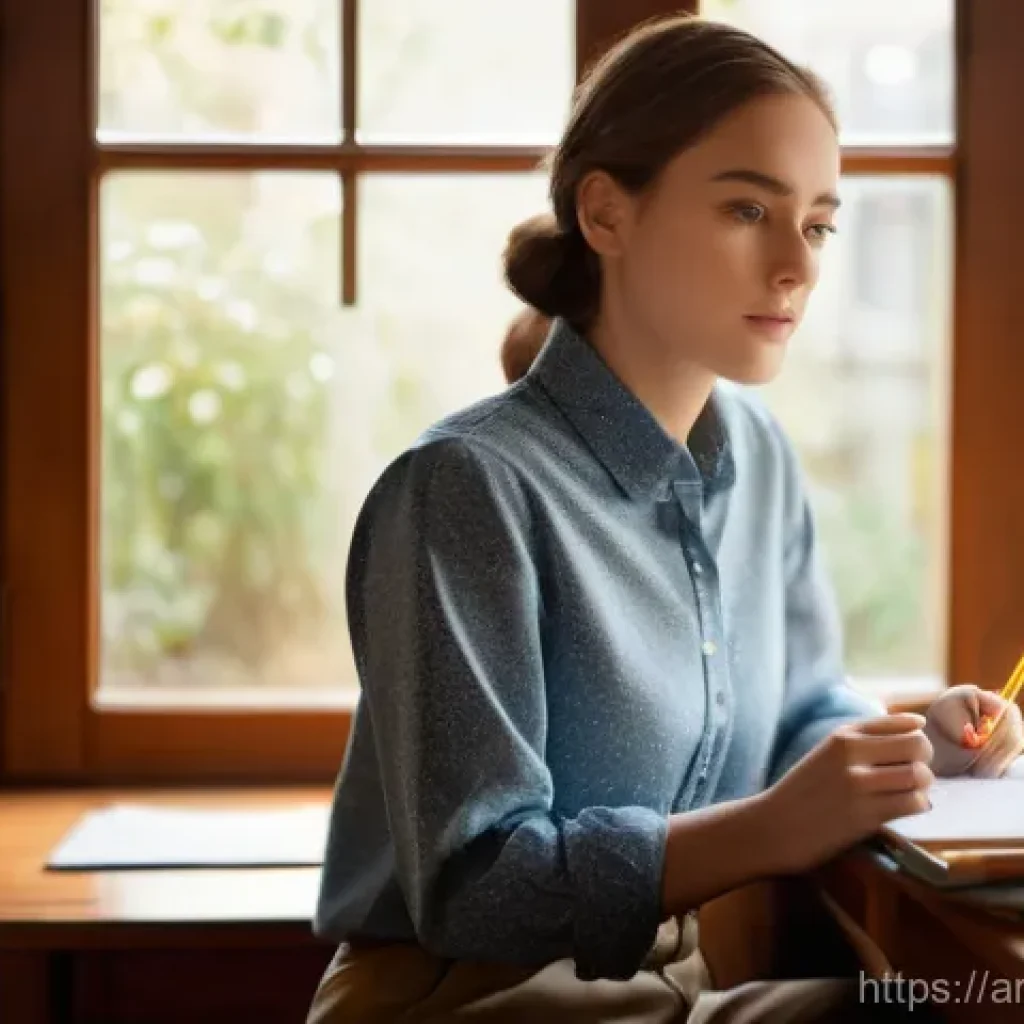 스토리텔러 필기 시험 합격률 분석 - **Prompt:** A young, focused female writer, dressed in a modest long-sleeved shirt and trousers, sea...