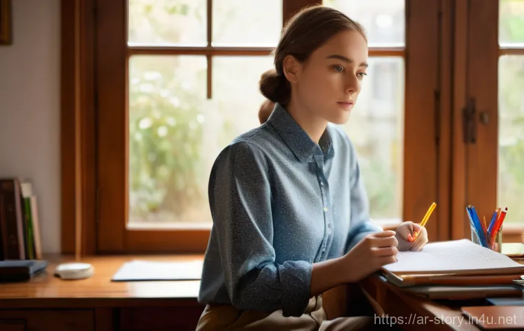 스토리텔러 필기 시험 합격률 분석 - **Prompt:** A young, focused female writer, dressed in a modest long-sleeved shirt and trousers, sea...