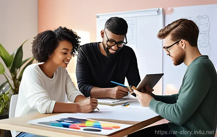 스토리텔러 협업 사례 분석 - **Prompt 1: The Synergy of Creative Minds**
A group of four diverse creative professionals (two ...