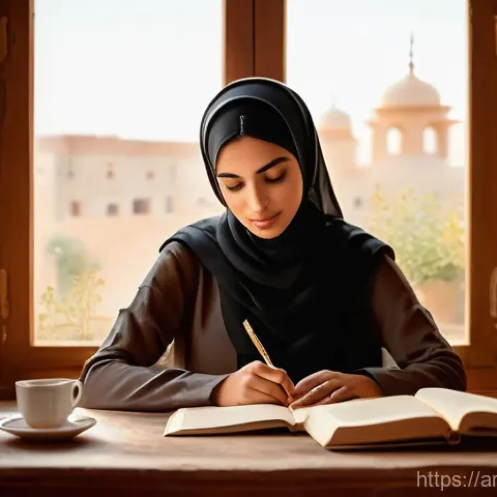스토리텔러와 이야기 구성의 핵심 - A warmly lit scene depicting an Arab female author, dressed in a modest, elegant long-sleeved top an...