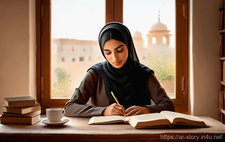 스토리텔러와 이야기 구성의 핵심 - A warmly lit scene depicting an Arab female author, dressed in a modest, elegant long-sleeved top an...