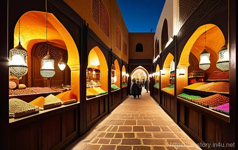 스토리텔러 직무와 관련된 최신 기술 도입 사례 - **Prompt:** A vibrant and bustling ancient Arabian souk at twilight, filled with merchants and shopp...