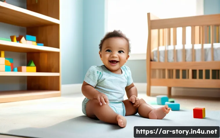 스토리텔러가 만드는 최고의 이야기 - **A toddler (wearing a diaper) giggles while playing with colorful building blocks in a sunlit nurse...