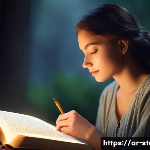 Home 28 스토리텔러로서 성취감을 높이는 법 - A serene and thoughtful female author, dressed in modest, comfortable attire, gently cradling a glow...