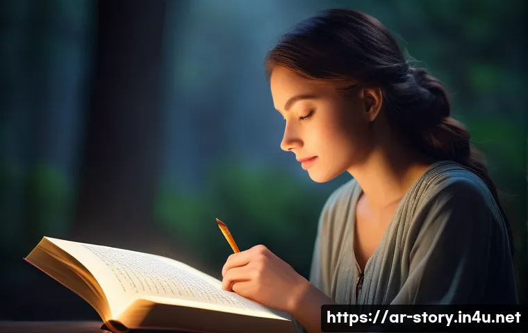 스토리텔러로서 성취감을 높이는 법 - A serene and thoughtful female author, dressed in modest, comfortable attire, gently cradling a glow...