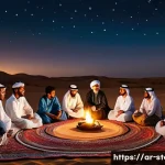 Home 19 스토리텔러와 스토리텔링의 역사 - A vibrant traditional Arabian storytelling scene in a desert village at dusk, featuring an elderly m...