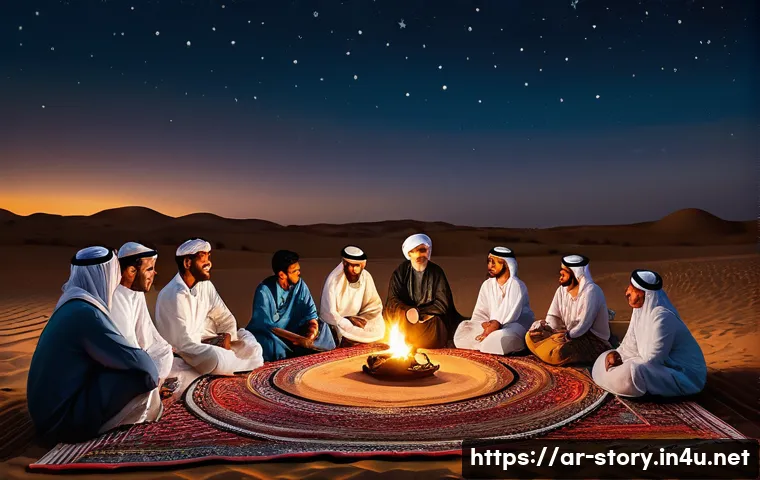 스토리텔러와 스토리텔링의 역사 - A vibrant traditional Arabian storytelling scene in a desert village at dusk, featuring an elderly m...