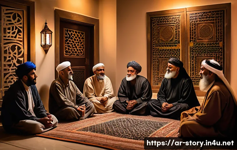 스토리텔러 직업의 사회적 기여 가능성 - A warm, intimate family gathering in a traditional Middle Eastern home, where an elderly man with a ...