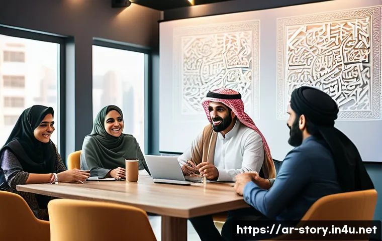 스토리텔러가 이끌어낸 혁신적 사례 - A modern corporate workshop scene in a spacious, well-lit office with a diverse group of Arab profes...