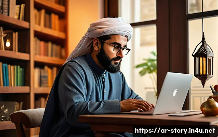 스토리텔러로서 프리랜서로 일하기 - A professional Arabic storyteller in a modern, cozy workspace filled with books and cultural decor, ...