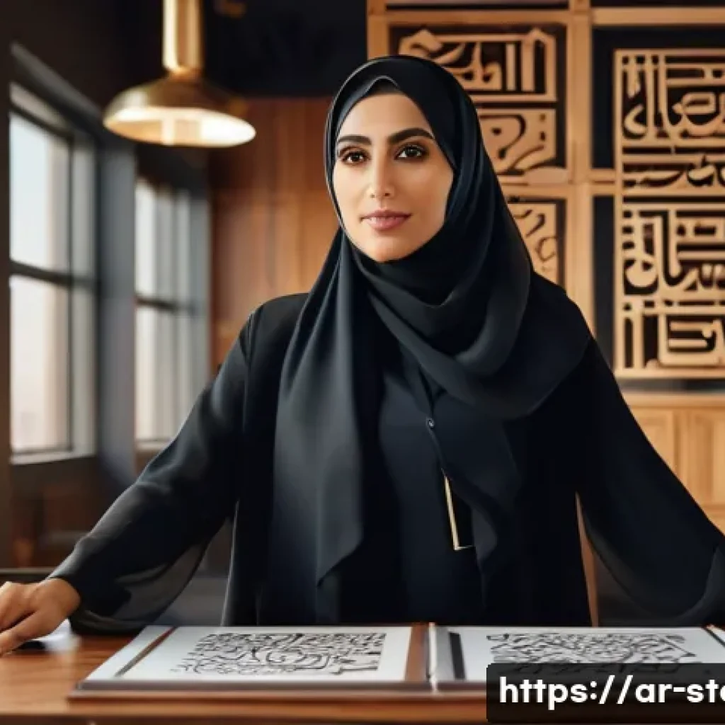 스토리텔러로 성공한 사례 분석 - A professional Middle Eastern woman in modern business attire, standing confidently in a stylish off...
