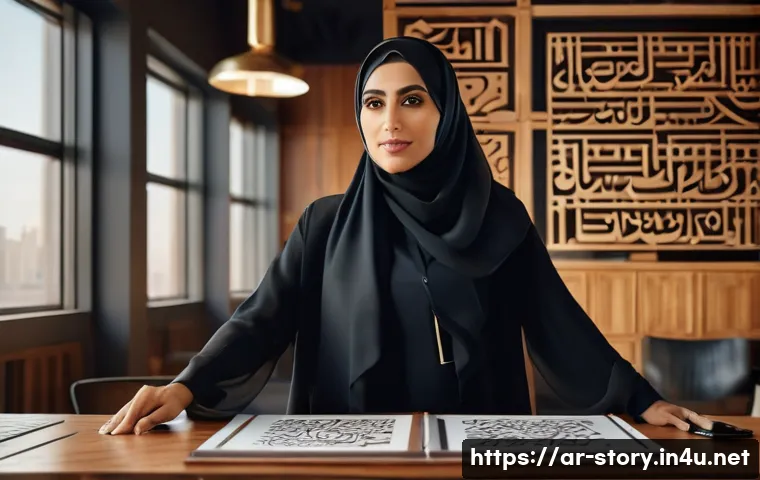 스토리텔러로 성공한 사례 분석 - A professional Middle Eastern woman in modern business attire, standing confidently in a stylish off...
