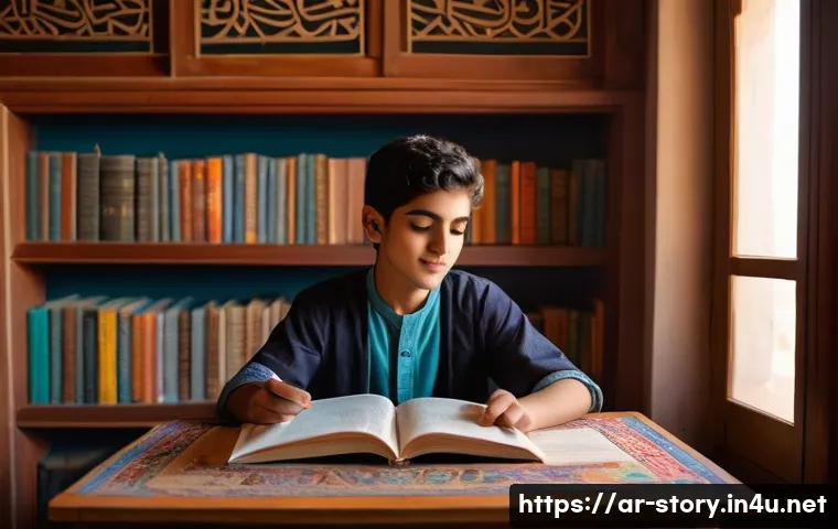 스토리텔러 자격증의 응시 전략과 준비법 - A cozy, sunlit study room in a traditional Middle Eastern home, featuring a young Arab student with ...