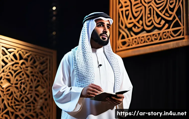 스토리텔러가 되기 위한 자기개발 팁 - A professional Arab storyteller standing on a traditional stage decorated with intricate Middle East...