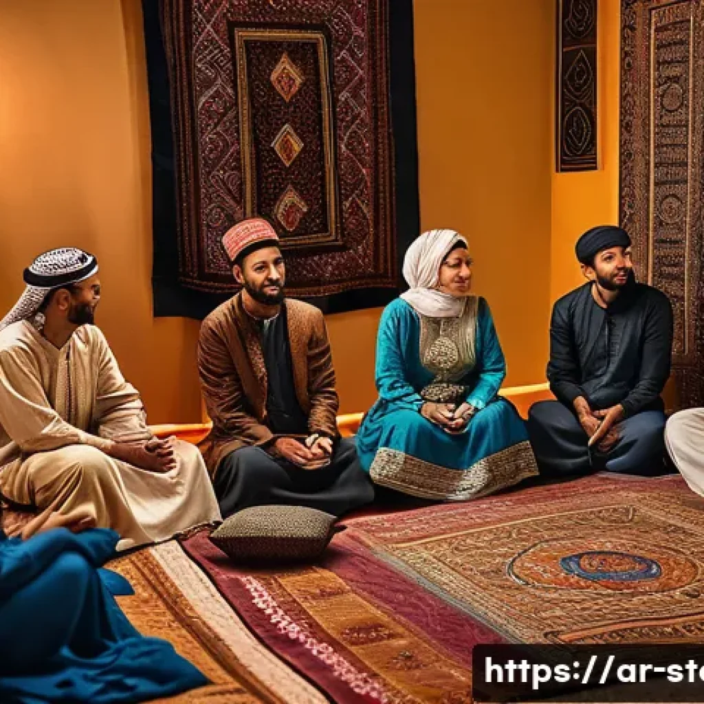 스토리텔러와 문화적 스토리텔링의 중요성 - A traditional Arabic storyteller (hakawati) sitting in a vibrant Middle Eastern cultural setting, we...