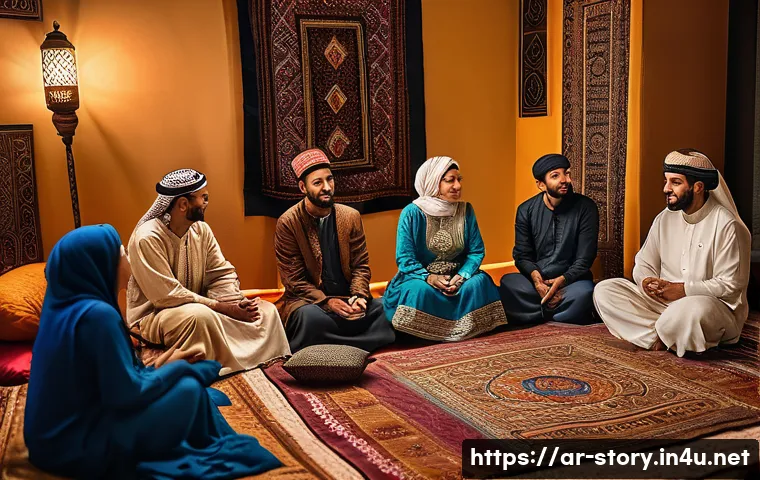 스토리텔러와 문화적 스토리텔링의 중요성 - A traditional Arabic storyteller (hakawati) sitting in a vibrant Middle Eastern cultural setting, we...