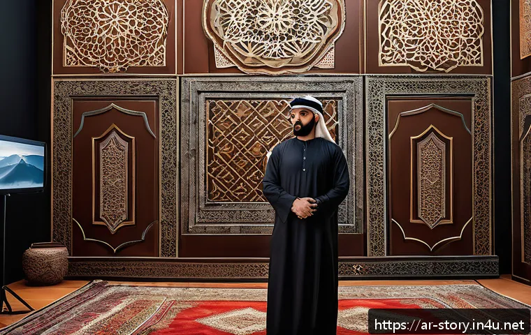 스토리텔러 직무와 관련된 필수 소프트웨어 - A modern digital storyteller presenting an interactive narrative experience in an Arabic cultural se...