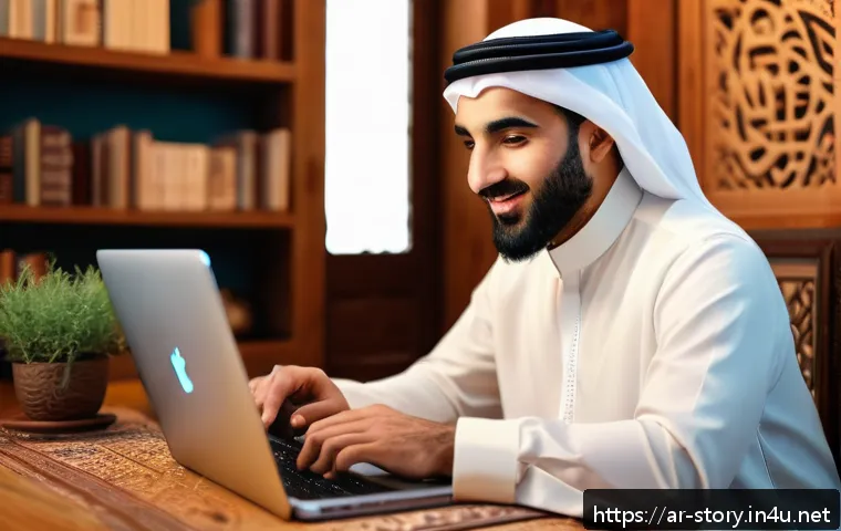 스토리텔러의 네트워크 활용 사례 - A vibrant digital workspace scene featuring an Arab content creator sitting at a modern desk in a co...