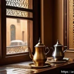 Home 22 스토리텔러가 참여한 이벤트 성공 사례 - A cozy, warmly lit Arabic coffee shop interior on a chilly morning, featuring a traditional brass co...