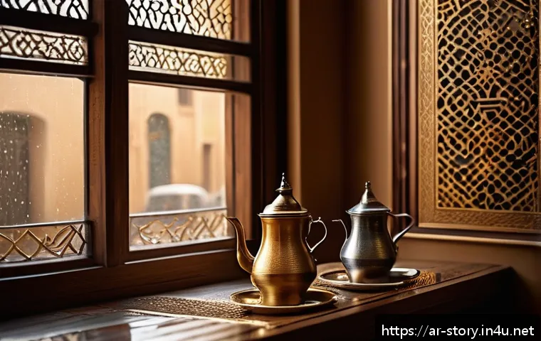 스토리텔러가 참여한 이벤트 성공 사례 - A cozy, warmly lit Arabic coffee shop interior on a chilly morning, featuring a traditional brass co...