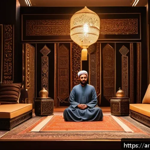 Home 33 스토리텔러의 커뮤니케이션 오류와 개선 방법 - A confident Middle Eastern storyteller standing on a traditional stage decorated with Arabic geometr...