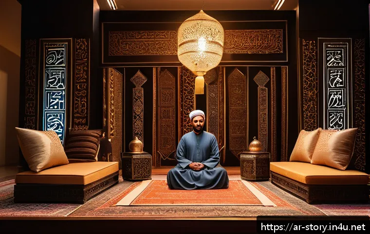 스토리텔러의 커뮤니케이션 오류와 개선 방법 - A confident Middle Eastern storyteller standing on a traditional stage decorated with Arabic geometr...
