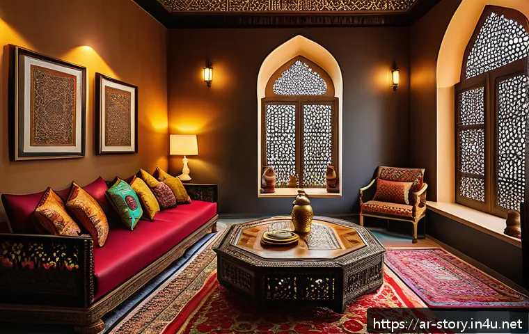 스토리텔러가 주목해야 할 최신 직무 기술 - A cozy, warmly lit Arabic sitting room during a rainy evening, featuring a detailed scene where the ...